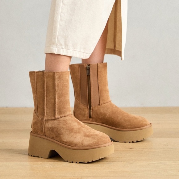 UGG Shoes - UGG Classic New Heights Suede and Shearling Heeled Ankle Boot